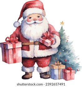 Santa Claus with christmas giftbox watercolor vector illustration