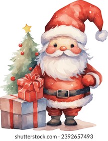 Santa Claus with christmas giftbox watercolor vector illustration