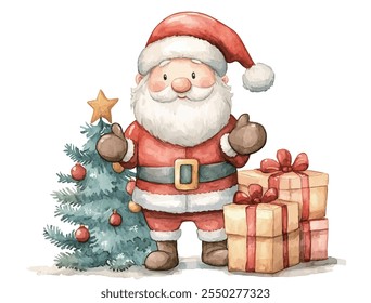 Santa Claus with christmas giftbox watercolor vector illustration