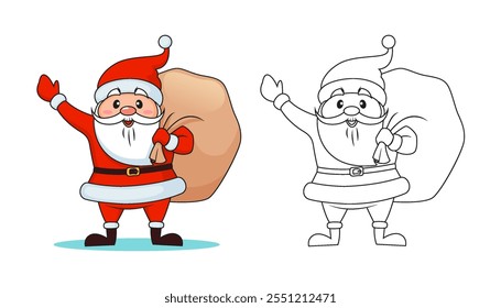 Santa claus with Christmas gifts bag. Merry Christmas and Happy New Year. Black and white vector illustration for coloring book with example in color