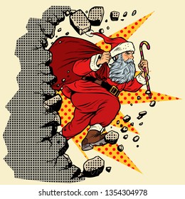 Santa Claus with Christmas gifts breaks the wall. Pop art retro vector illustration vintage kitsch