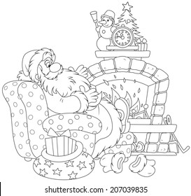 Santa Claus with Christmas gifts by a fireplace