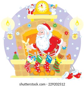 Santa Claus with Christmas gifts in the fireplace