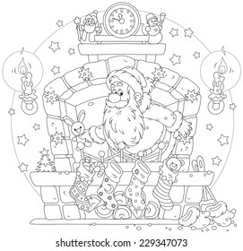 Santa Claus with Christmas gifts in the fireplace