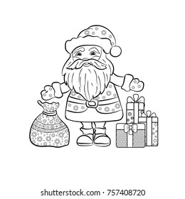 Santa Claus with Christmas gifts. Hand-drawn  vector illustration for coloring book.