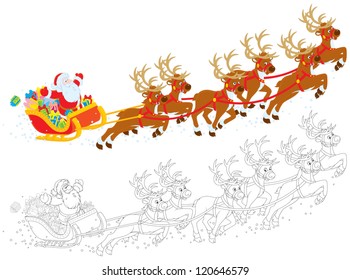 Santa Claus with Christmas gifts in his sleigh pulling by reindeers