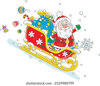 Santa Claus with Christmas gifts in his magic sleigh sliding down a snowy hill, vector cartoon illustration isolated on a white background