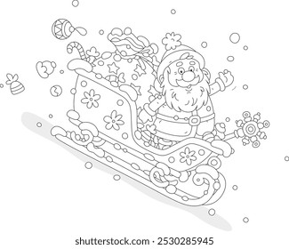 Santa Claus with Christmas gifts in his magic sleigh sliding down a snowy hill, black and white outline vector cartoon illustration for a coloring book