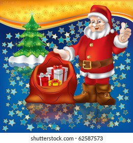 Santa Claus with christmas gifts on a stars background