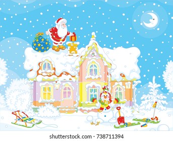 Santa Claus with Christmas gifts on a snow-covered rooftop of a house