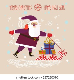 Santa Claus with Christmas gifts and presents on a sledge. Jolly Santa on skates. Icon Set. Illustration.