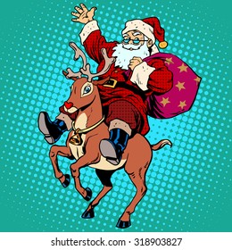 Santa Claus with Christmas gifts and a red-nosed reindeer. Retro style pop art