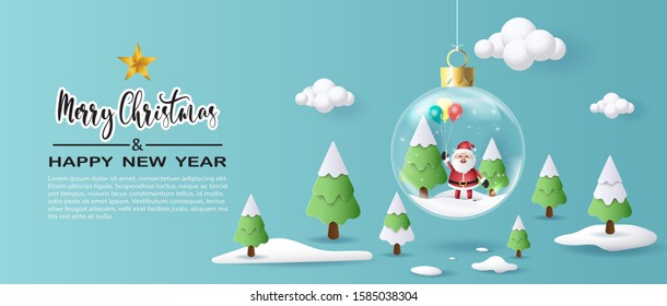 Santa Claus in Christmas globe holding balloons, Merry Christmas and Happy New Year concept.