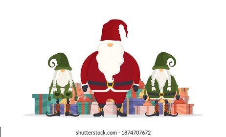 Santa Claus and Christmas gnomes. Big pile of colorful wrapped gift boxes.  Beautiful present box with overwhelming bow. 