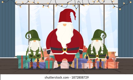 Santa Claus with Christmas gnomes is in the festive room.  Beautiful present box with overwhelming bow. Mountain gifts. Christmas gift box. Isolated. Vector.