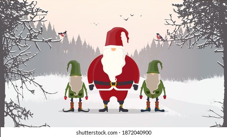 Santa Claus and Christmas gnomes in the winter forest. Vector.