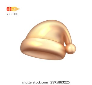 Santa Claus Christmas Gold Hat. Christmas and New Year element of traditional costume. Realistic 3d mocup design element in cartoon style. Icon isolated on white background. 3D Vector illustration