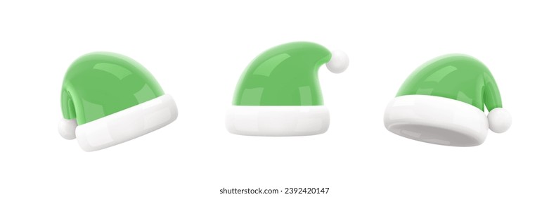 Santa Claus Christmas Green Hat Set. Christmas and New Year design element of traditional costume. Realistic 3d mocup design element in cartoon style. Icons isolated on white. 3D Vector illustration