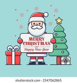 Santa Claus Christmas Greeting Template with Gifts and Tree Decorations
