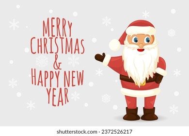 Santa Claus with Christmas greetings. Template for holiday invitations and greeting cards. Christmas poster, banner. Winter illustration with snowflakes. Vector illustration