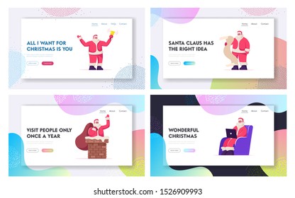 Santa Claus Christmas Greetings Website Landing Page Set. Father Noel with Xmas Attributes Ringing Bell Reading Wish List Sit on Chimney Work on Laptop Web Page Banner. Flat Vector Illustration