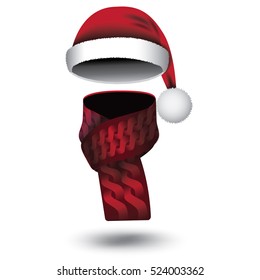 Santa Claus Christmas hat and scarf set in red and white. EPS 10 vector.