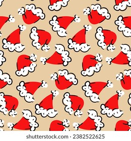 Santa Claus Christmas hats. Christmas seamless ornament with different red caps on a light. Repeating elements in different turns. Printing on textiles and paper. Holiday packaging of a bent hat