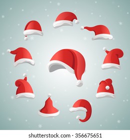 Santa Claus christmas hats set on winter background with snow flakes