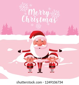 santa claus christmas with helpers in snowscape