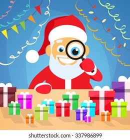 Santa Claus Christmas Holiday Choose Gift Box on Desk. New Year Present Concept. Vector Illustration