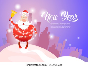 Santa Claus Christmas Holiday Happy New Year Greeting Card Celebration Silhouette City Background Flat Vector Illustration