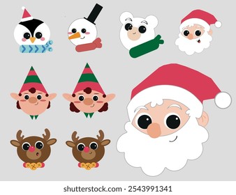 Santa Claus Christmas Illustration with Festive Reindeer, Snowman, Elf, and Holiday Characters in Winter Wonderland