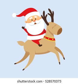 Santa Claus Christmas illustration. Funny Father Frost rides a reindeer. Christmas character design travel. 