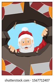 Santa Claus Christmas illustration: looking inside his bag with gifts and toys for children; cute detailed flat cartoon style; postcard, banner, poster for seasonal greetings