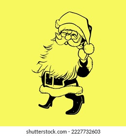 Santa Claus for christmas illustrations. Funny happy Santa Claus character with gift, bag with presents, waving and greeting. For Christmas cards, banners, tags and labels.