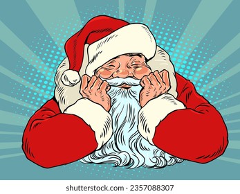 santa claus christmas Joyful New Year changes in stores. The atmosphere of the upcoming New Year and pleasant impressions of gifts. Santa claus smiles from the bottom of his heart. Pop Art Retro