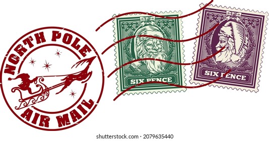 Santa Claus Christmas letter postage stamps and post mark or postmark reading North Pole Air Mail. With Father Christmas and his sled or sleigh. Stamps in a retro vintage woodcut style.