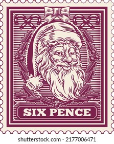 Santa Claus Christmas letter postage mail stamp in a retro vintage woodcut style.