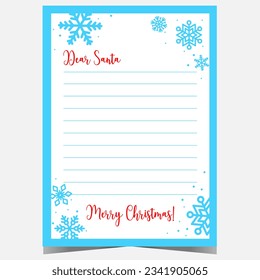 Santa Claus Christmas letter template design with blue snowflakes on white background. Dear Santa festive layout for children to write their wishes to Santa Claus during winter holidays celebration.