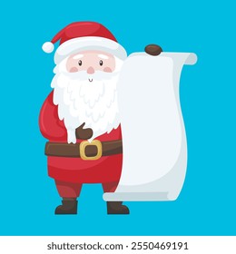 Santa Claus with a Christmas list. Cute cartoon illustration for festive holiday themes