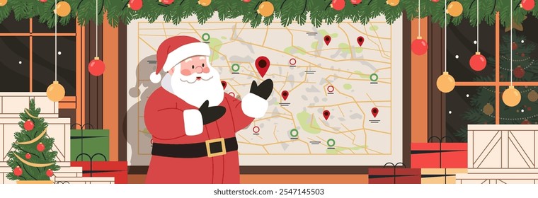 Santa Claus Christmas map planning festive scene presents pine tree decorations holiday theme colorful design