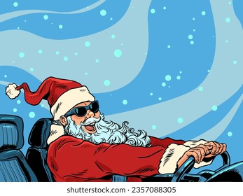 santa claus christmas The New Year is approaching customers, the announcement of upcoming discounts and promotions in stores. Seasonal shift and care of the car in the winter. Santa Claus driving a svg