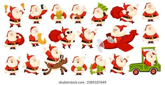 Santa Claus Christmas and New Year set. Funny, sad and secret Santa . Flying plane, driving car, giving gifts, waving, eating cookies. Holiday selfie, tree, deer. Isolated cartoon vector illustration.