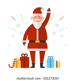 Santa Claus with Christmas and New Year presents and gifts waving with his hands vector illustration. Christmas and New Year celebration topic.