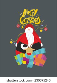 Santa Claus at Christmas night background with gifts and elf / Santa Claus