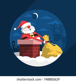 Santa Claus Christmas night on the roof climbs into the chimney with  bag of gifts.