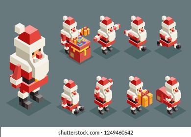 Santa claus christmas old man lowpoly polygonal grandfather new year isometric isolated 3d icons set flat cartoon design Vector Illustration