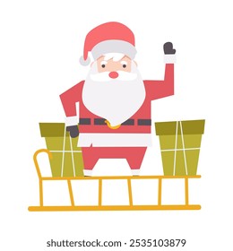 Santa claus with christmas presents on sleigh . Cartoon character . Flat design . Vector .