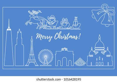 Santa Claus with Christmas presents in sleigh with reindeers over famous buildings and constructions of different countries. New Year and Christmas greeting card.