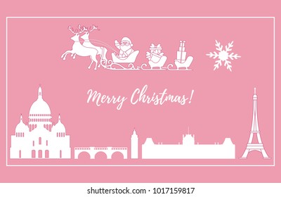 Santa Claus with Christmas presents in sleigh with reindeers flying over Paris. New Year and Christmas illustration. Design for greeting card, poster or print.